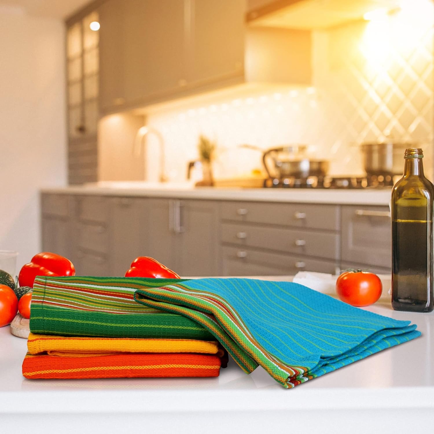 Urban Villa Salsa Stripe Kitchen Towels 100% Cotton Dish Towels for Kitchen Multi Color Highly Absorbent Multi-Purpose Waffle Dish Cloths for Cleaning Soft Hand Bar Towels 20x30 Inches (Set of 4)