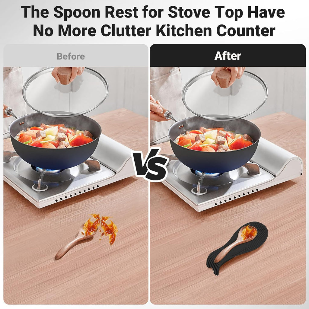 Heat Resistant Silicone Spoon Rest, Non-Slip Spoon Holder for Kitchen Counter, Silicone Spoon Rest for Stove Top for Spoons, Spatulas, Ladles, Tongs (Black)
