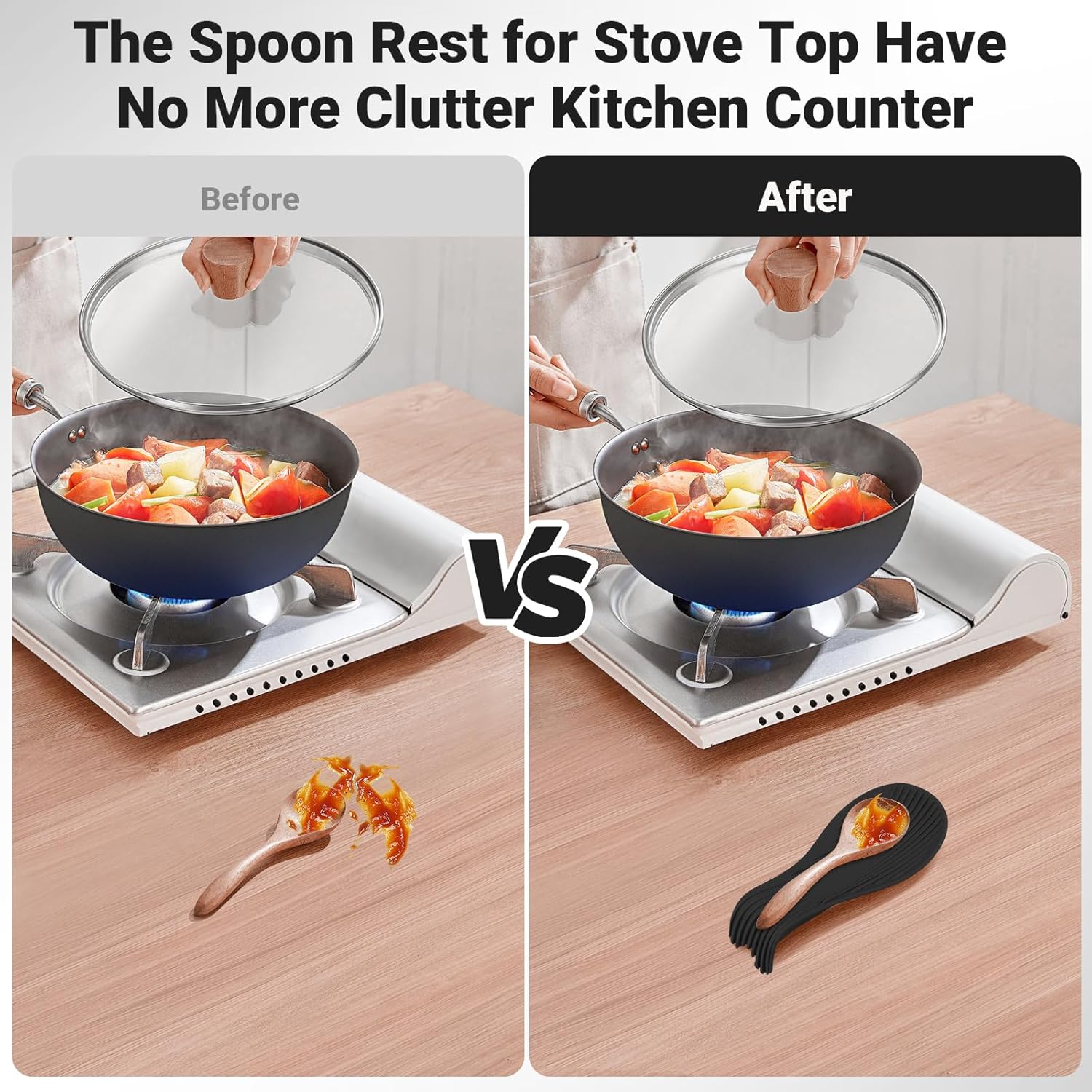 Heat Resistant Silicone Spoon Rest, Non-Slip Spoon Holder for Kitchen Counter, Silicone Spoon Rest for Stove Top for Spoons, Spatulas, Ladles, Tongs (Black)