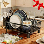 Dish Drying Rack, Stainless Steel Space-Saving Dish Rack, Dish Racks for Kitchen Counter, Kitchen Dish Drainers with Removable Utensil Holder,New Drain Outlet,Plate Rack and Drainboard, Black