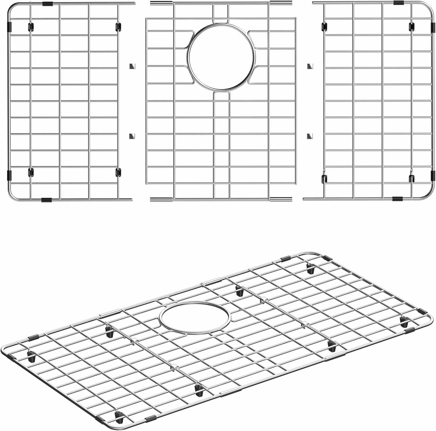 iPEGTOP Sink Rack for Bottom of Sink, Stainless Steel Sink Protector 28-3/8" x 14-3/16" Rear Drain Hole, Detachable Sink Grid Sink Grate with Hole Cover for Kitchen Sink Single Sink Bowl, Three-Piece