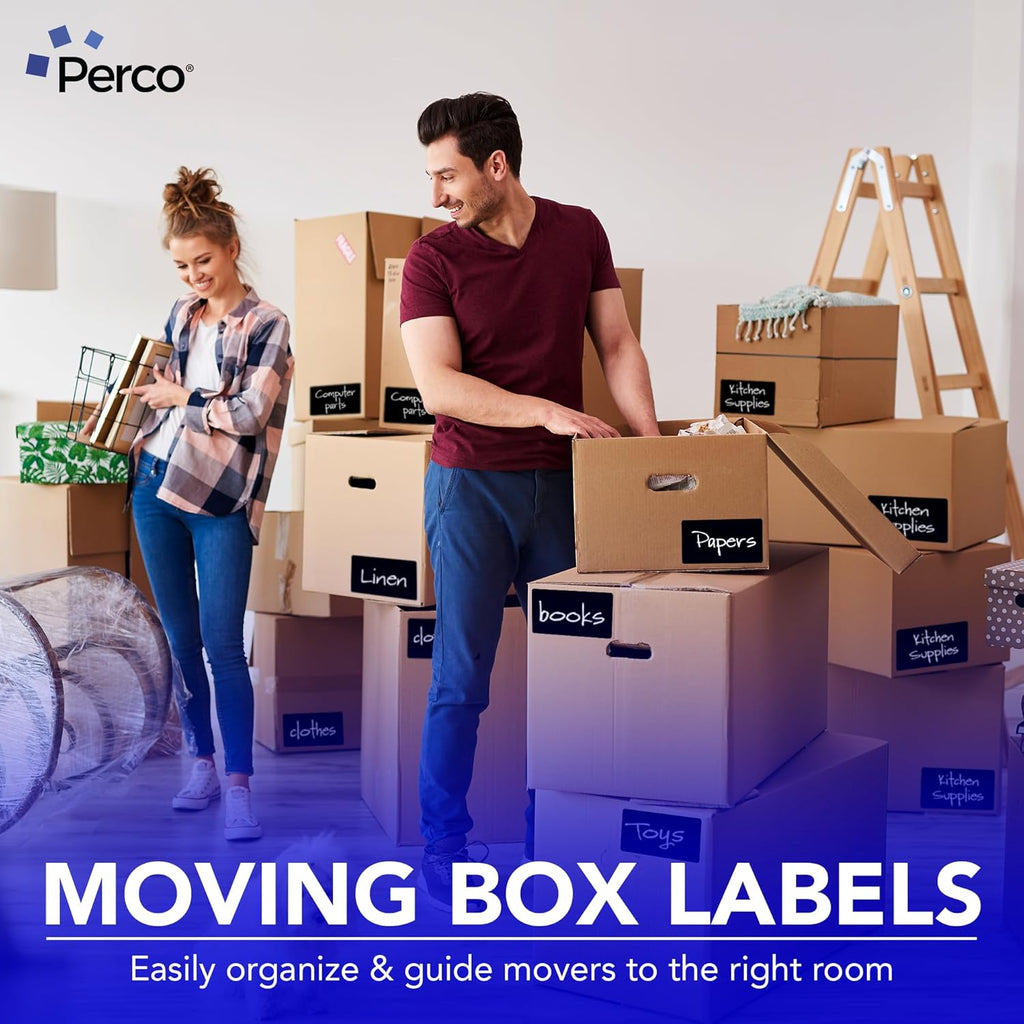 Perco Black Labels 3x5 Inch 500 Stickers/Roll with Easy Peel Perforation and Strong Adhesion for Inventory Management, Color Coding, Moving Boxes, Retail, Organizing & Crafts – Made in USA