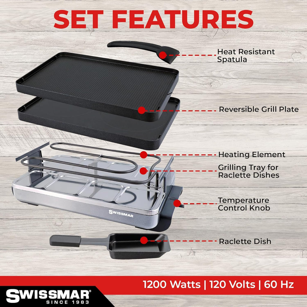 Swissmar Classic Raclette Party Grill with Reversible Cast Aluminum Non-Stick Grill Plate/Crepe Top, Outdoor & Indoor Electric BBQ Grill, Samgyupsal Griller - Brushed Stainless Steel - 8-Person