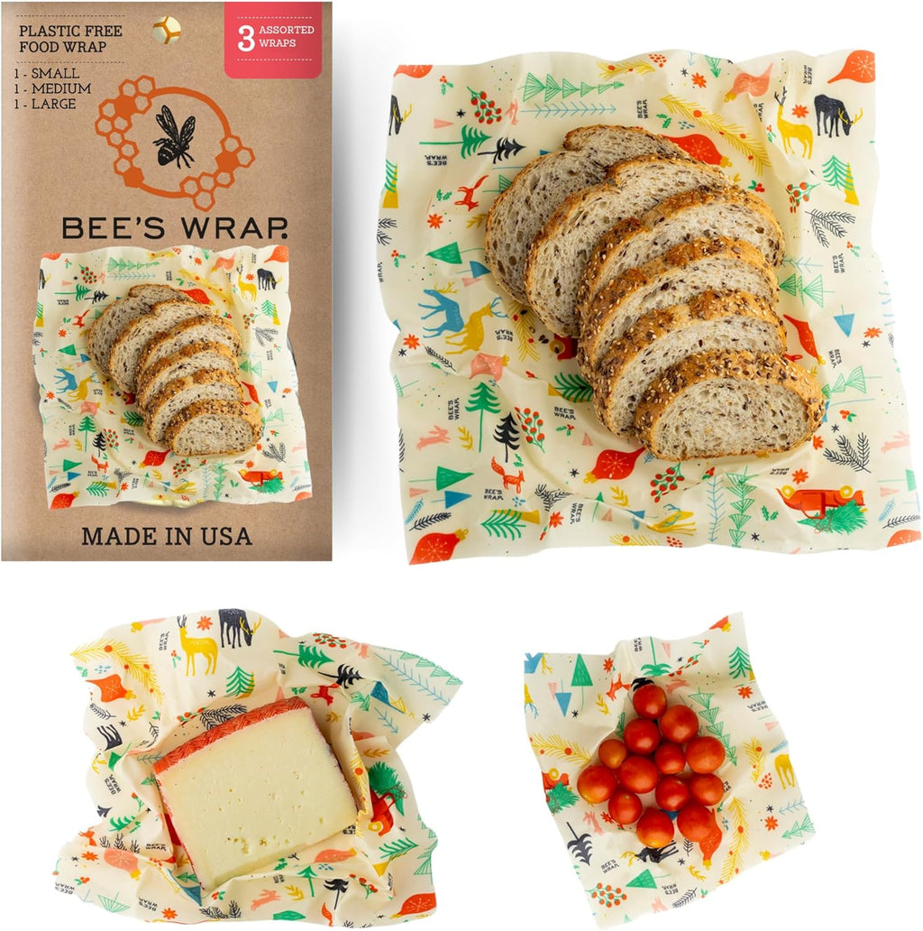 Bee's Wrap Beeswax Wraps for Food - Winter Wonderland 3 Pack (S, M, L) Made in USA Reusable & Organic Food Wraps, Sandwich Wrap & Bowl Covers - Eco-Friendly Alternative to Aluminum Foil & Plastic Wrap
