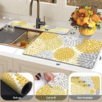 Findosom 2PCS 16" x 24" Dish Drying Mat & 24" x 5.5" Sink Splash Guard, Super Absorbent & Cuttable Dish Mat Drying Kitchen Mat with Yellow Floral, Hide Stain Drying Mat for Kitchen Counter