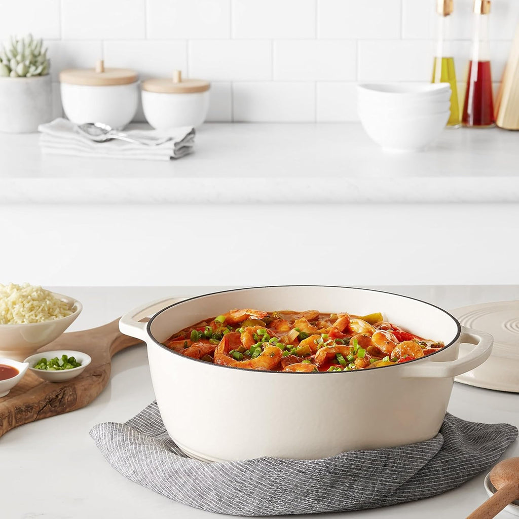 Amazon Basics Cast Iron Dutch Oven Pot with Lid, Enameled, Round, Dual Handles, Heavy-Duty, Large, 7.3-Quart, White