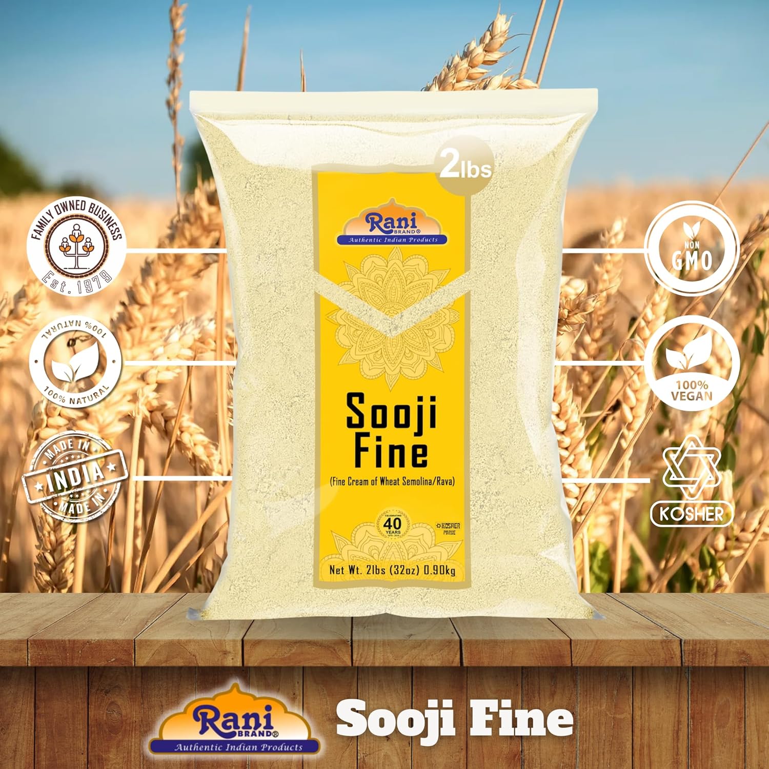 Rani Sooji Fine (Farina, Suji, Rava, Wheat) Flour 32oz (2lbs) 908g ~ All Natural | Vegan | NON-GMO | Kosher | Indian Origin