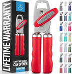 Zulay Kitchen Heavy Duty Stainless Steel Can Opener Manual with Bottle Opener - Rust Proof Manual Can Opener With Turn Knob & Comfy Soft Grip Handles - Cherry Red