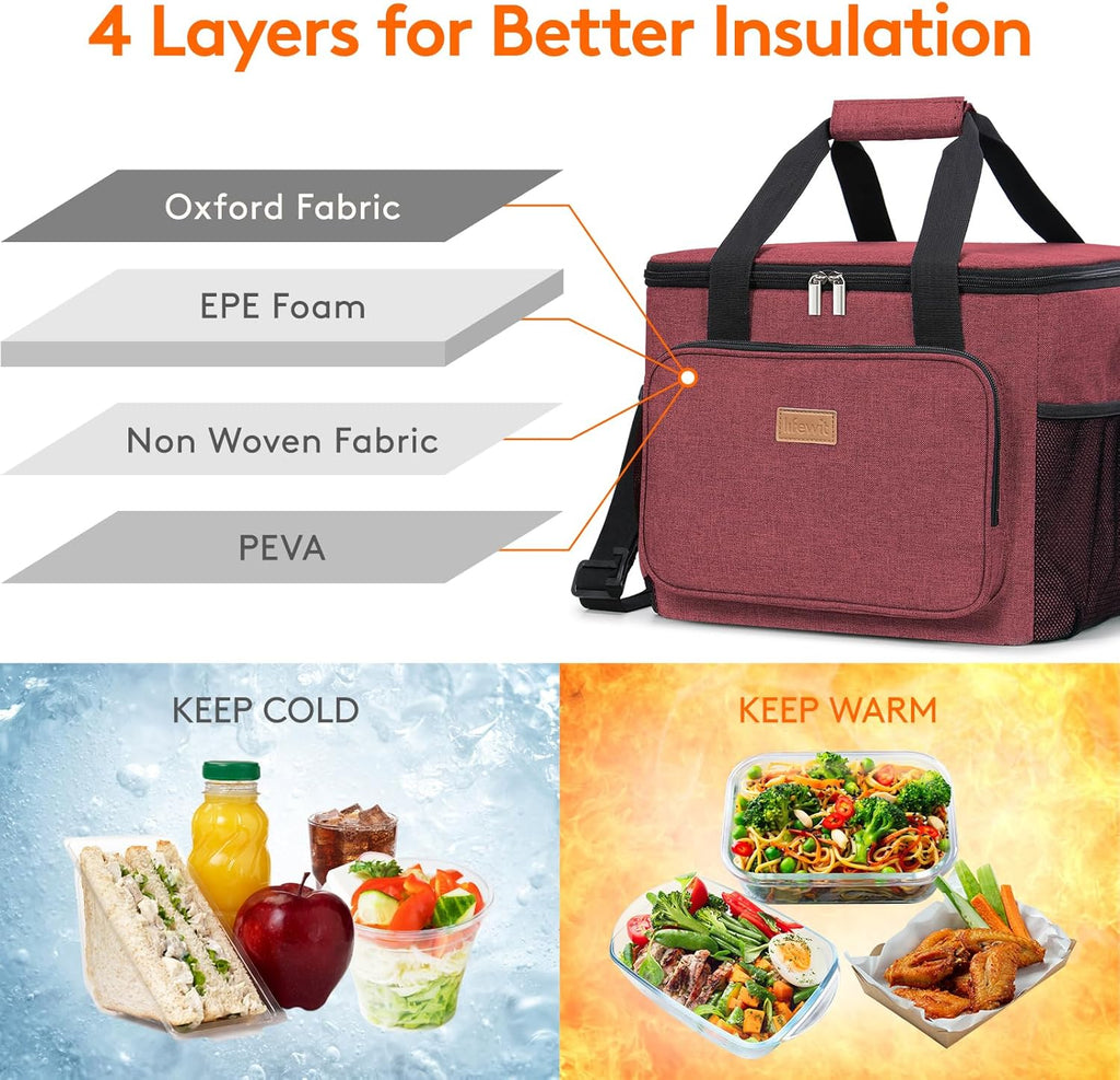 Lifewit Large Lunch Bag Insulated Lunch Box Soft Cooler Cooling Tote for Adult Men Women, Burgundy 40-Can (24L)