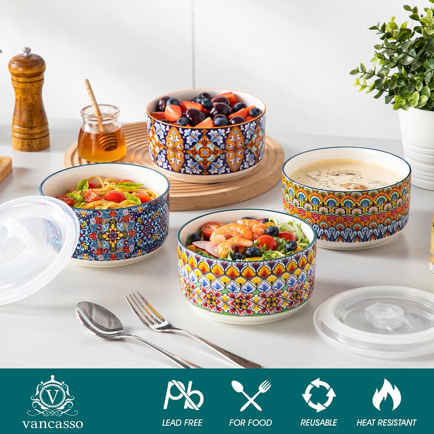 vancasso 36 oz Ceramic Bowls with Lids Set of 4, 6 Inch Food Storage Containers & Prep Bowls for Leftovers, Soup, Cereal, Meal Prep, Office Lunch, Microwave & Dishwasher Safe, Series SIMI
