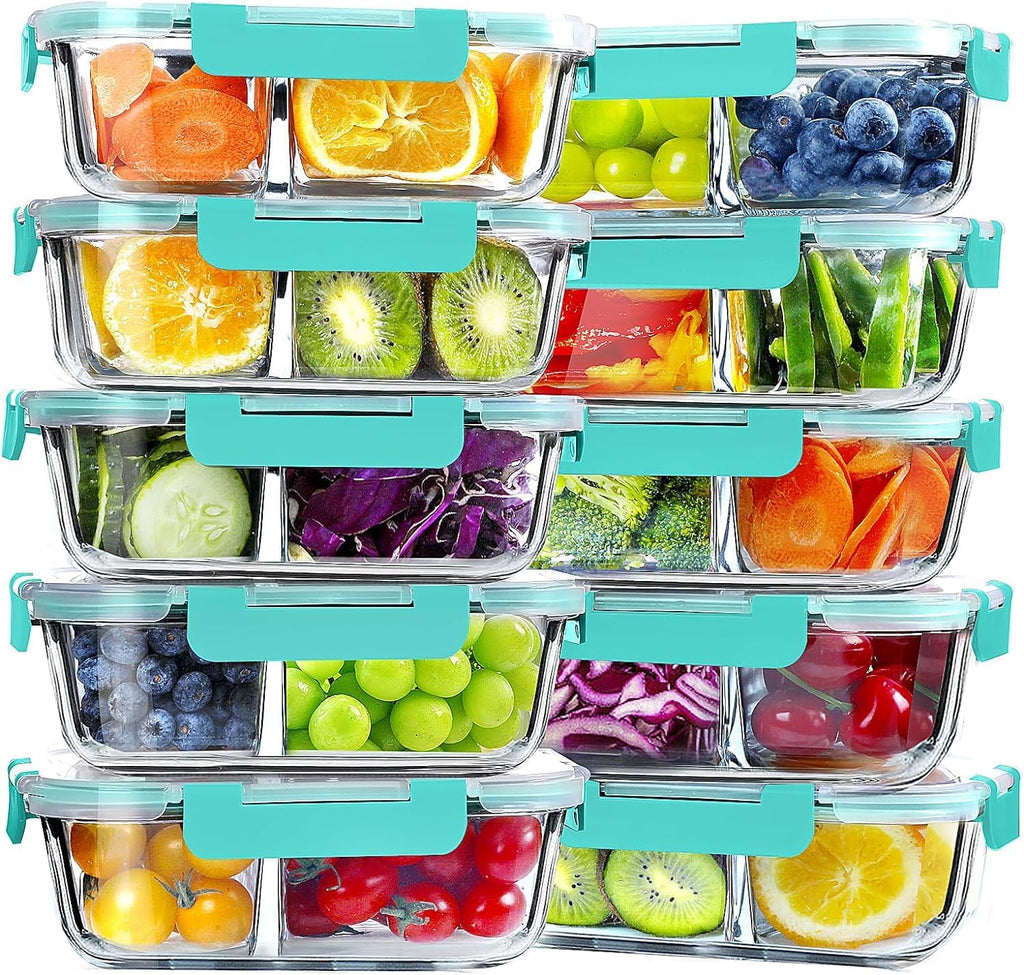 VERONES 10 Pack Glass Meal Prep Containers - 2 Compartment Set, 30 OZ Airtight Glass Lunch Containers with Lids, for Microwave, Oven, Freezer & Dishwasher Friendly, Green