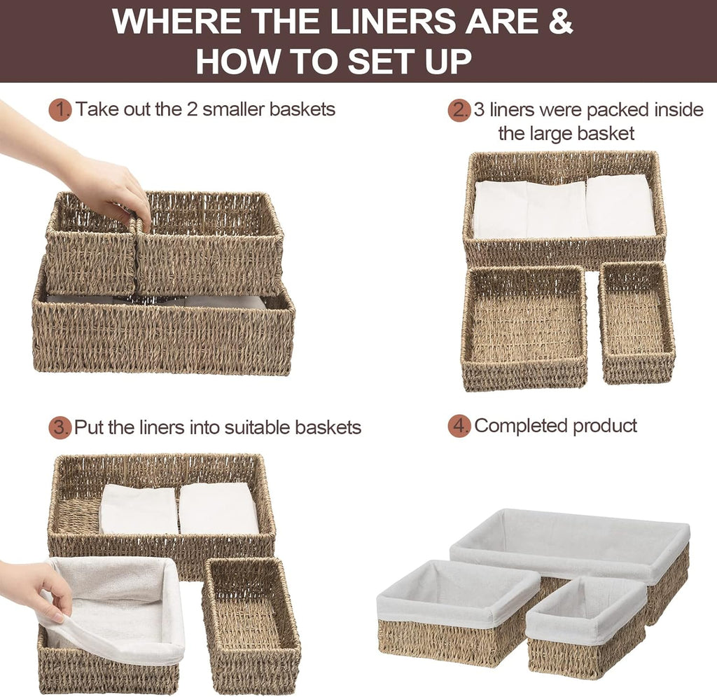 FairyHaus Seagrass Storage Baskets with Liner, Natural Small Seagrass Baskets, Hand-woven Nesting Wicker Baskets Set for Shelves Rectangle 3Pack (L+M+S)