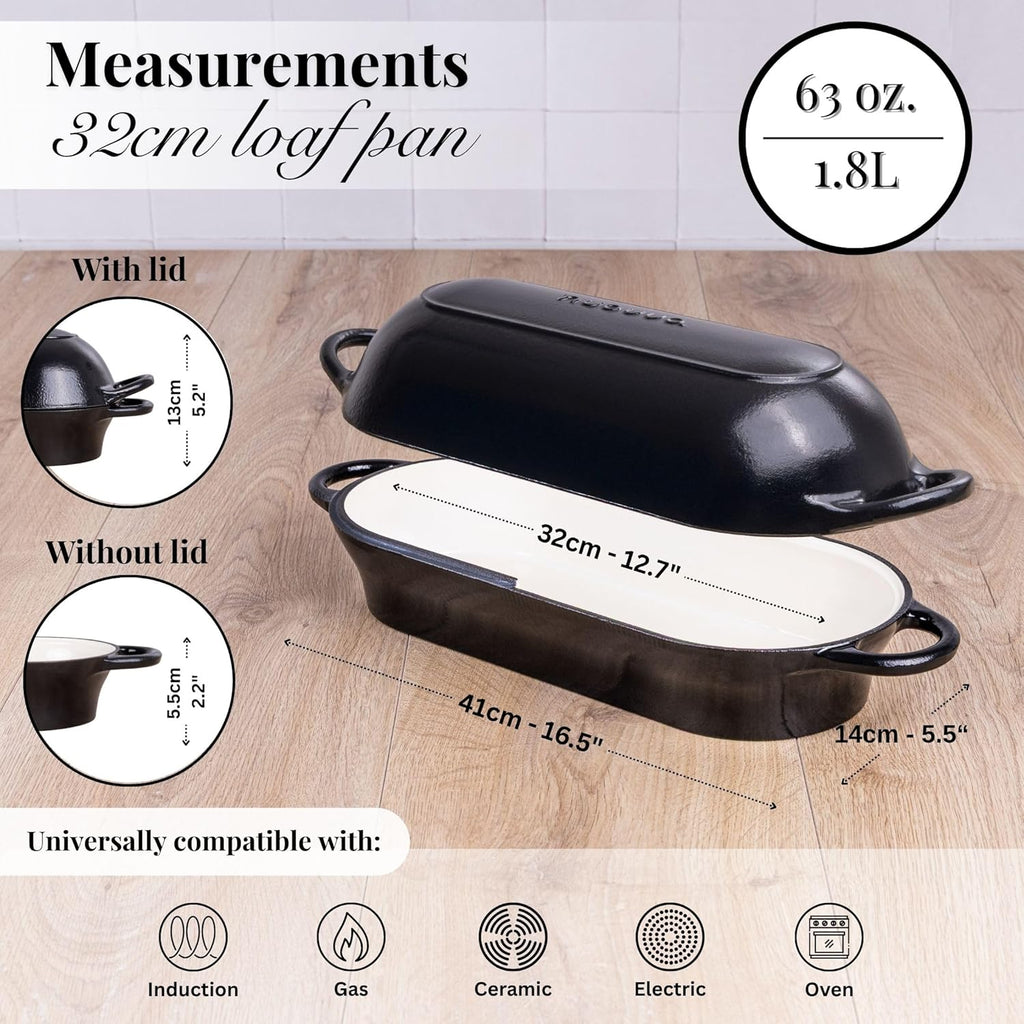 Enamelled Cast Iron Bread Loaf Pot – Dutch Oven For Sourdough Bread Baking – Oven Safe Non Stick Bread Pot – Rectangular, Black, 34cm x 16cm – by Nuovva
