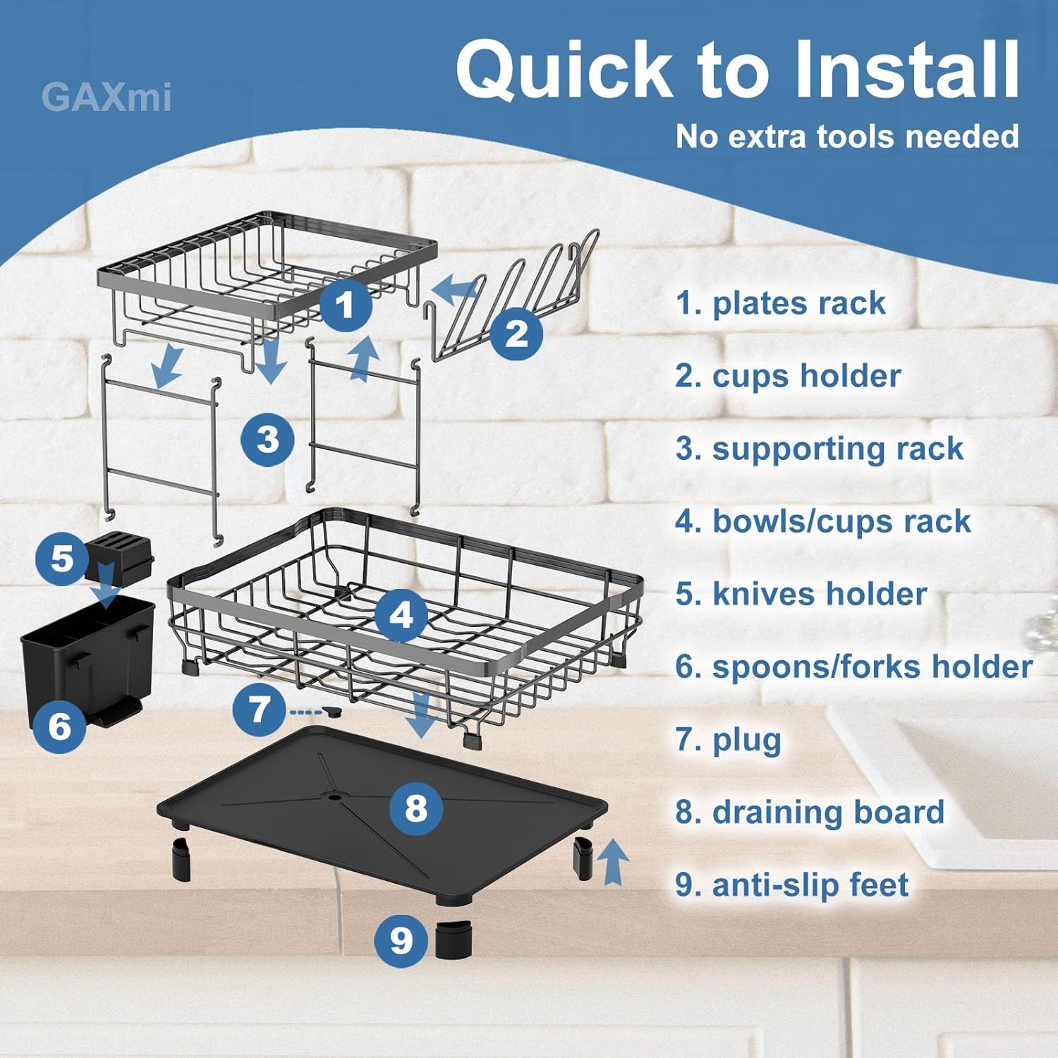 GAXmi Dish Drying Rack Over The Sink Drainer with Drainboard Utensil Holder Cup Holder, 2-Tier White
