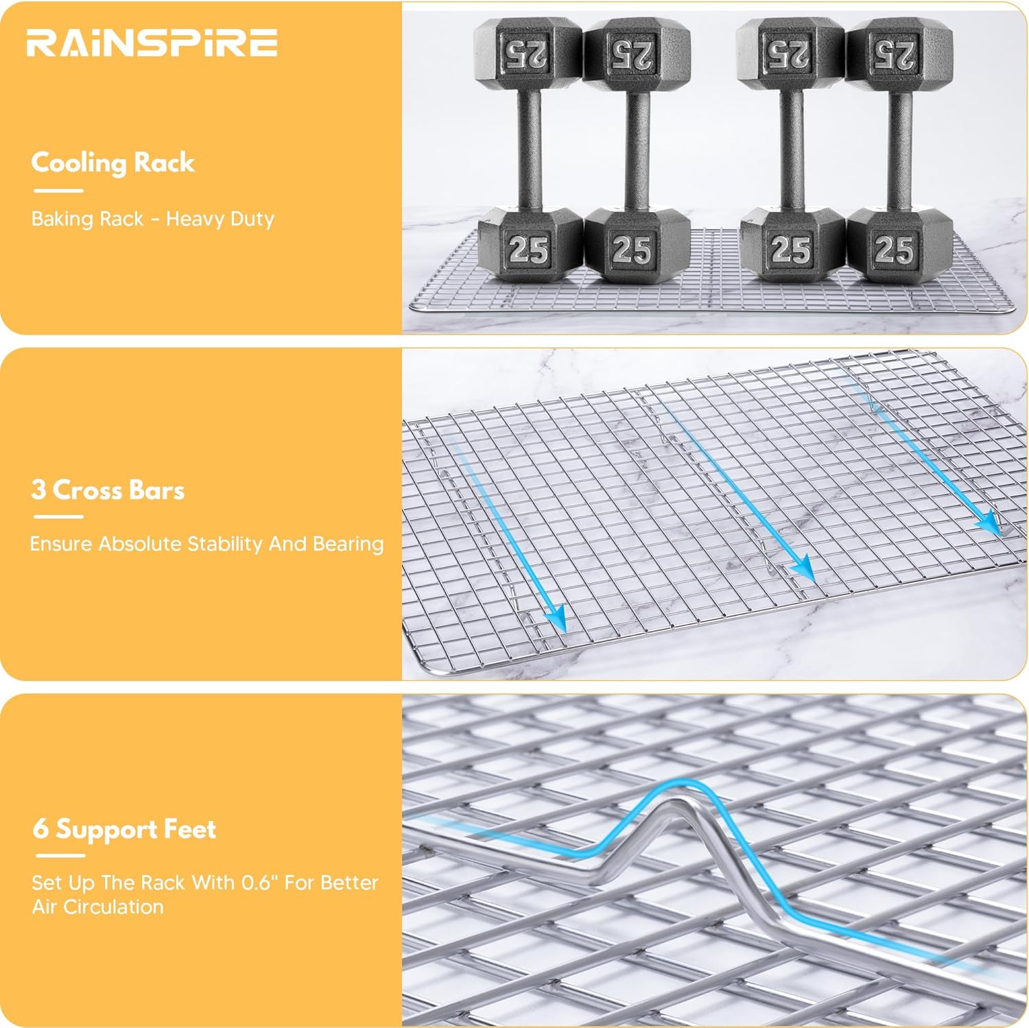 Rainspire Cooling Rack Stainless Steel, Heavy Duty Cooling Racks for Cooking and Baking, Oven Safe Wire Rack for Cooking, Baking Rack for Oven Cooking Fits Half Sheet Cookie Pan, 12" x 17", 1-Pack