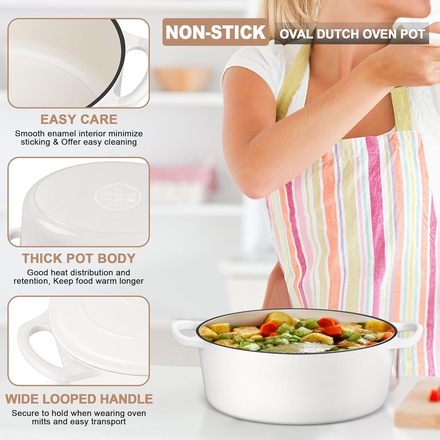 E-far 5QT Oval Dutch Oven Pot with Lid, Enameled Cast Iron Dutch Oven with Dual Handles for Sourdough Bread Baking Cooking, Nonstick Enamel Coated Cookware(White), Non-Toxic & Easy Clean