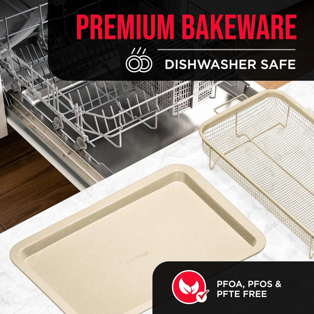 Bakken-Swiss Crisper Tray - 2-Piece Set – White Marble, Non-Stick Basket Design for Healthier Cooking in Regular Ovens - Achieve Perfectly Crispy Chips, Bacon and More