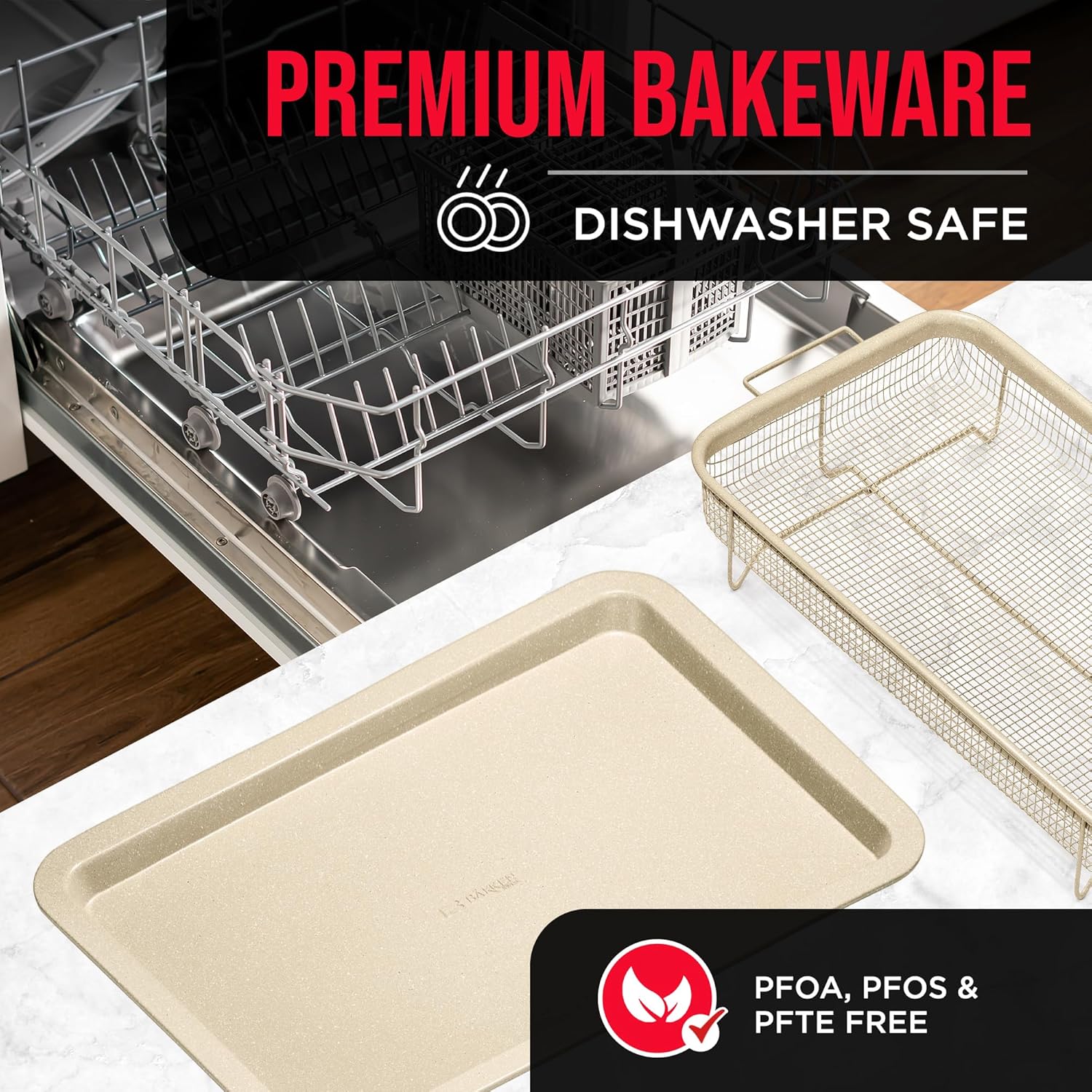 Bakken-Swiss Crisper Tray White marble Coating - 2-Piece Set, Non-Stick Basket Design for Healthier Cooking in Regular Ovens - Make Great Crispy Food, Bacon and More, Extra Large Size 19" x 13"