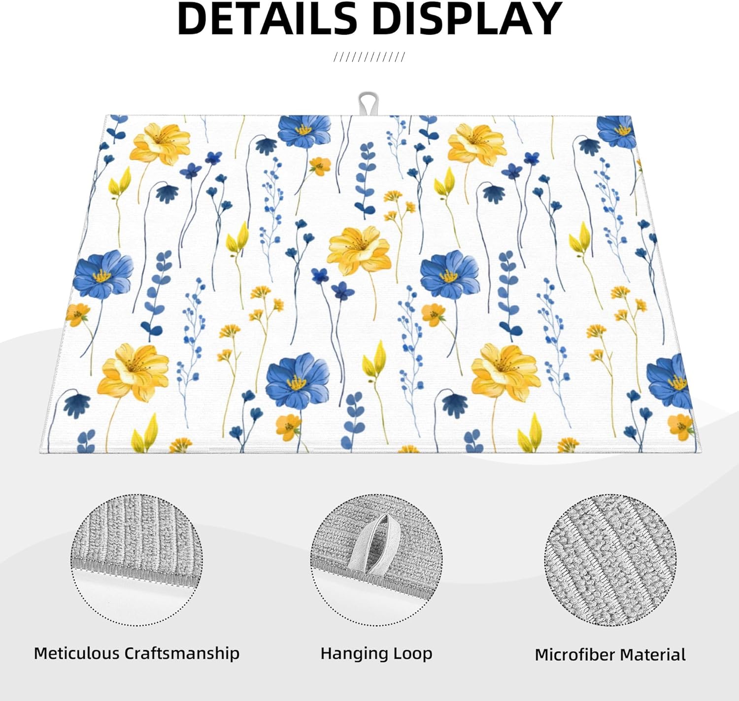 Watercolor Floral Decorative Microfiber Dish Drying Mat for Kitchen Counter 18"x24" Navy Blue Yellow Flower Dishes Pad Dish Drainer Rack Mats Absorbent Washable Reusable