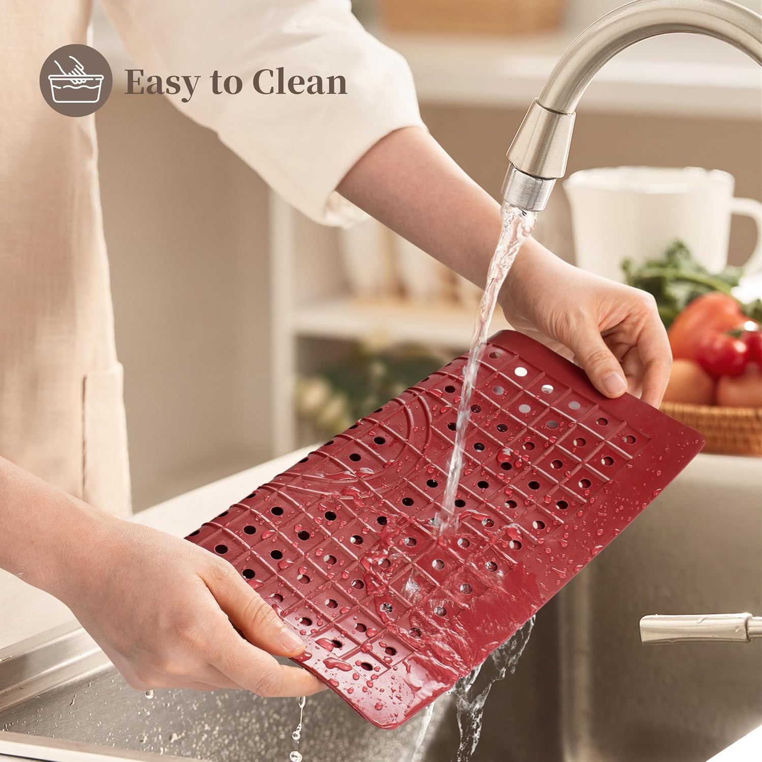 WILLKOMMEN Kitchen Sink Mat, 12" x 10" Rectangular Sink Protector Pad, Fast-Draining Grid Design Liner, Dish Drying Mat 2 Pack Red