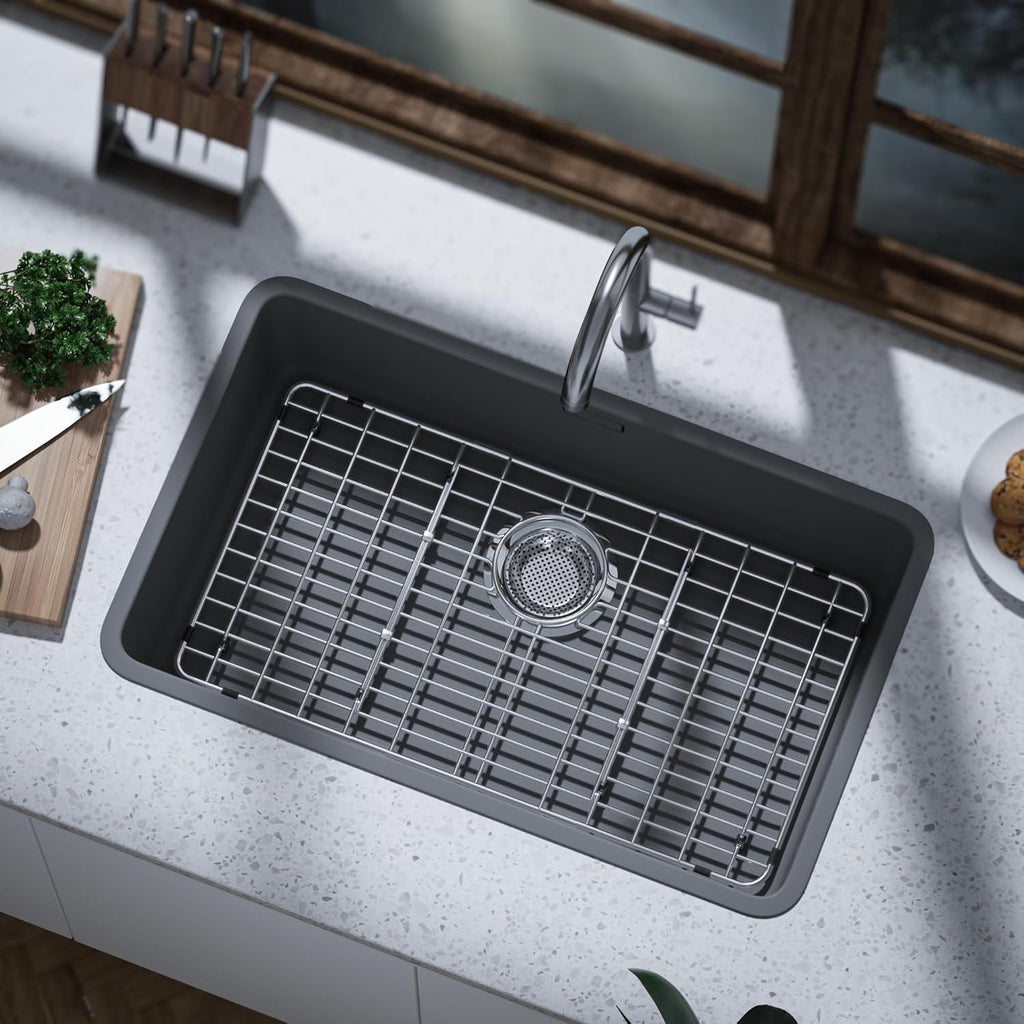 iPEGTOP Sink Rack for Bottom of Sink, Stainless Steel Sink Protector 28-3/8" x 14-3/16" Rear Drain Hole, Detachable Sink Grid Sink Grate with Hole Cover for Kitchen Sink Single Sink Bowl, Three-Piece