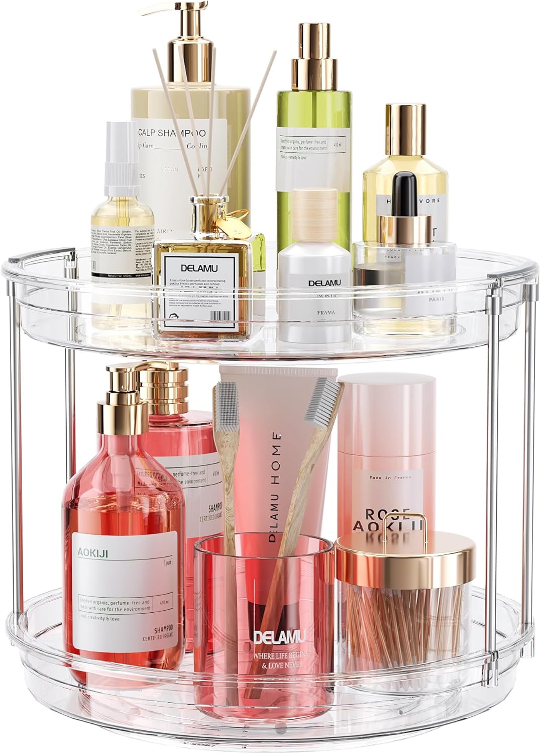 LAMU 10.6in Rotating Makeup Organizer for Vanity, 2 Tier Lazy Susan Turntable Stackable Spinning Skincare Organizer Cosmetic Perfume Tray for Bathroom Counter, Large Capacity, Clear