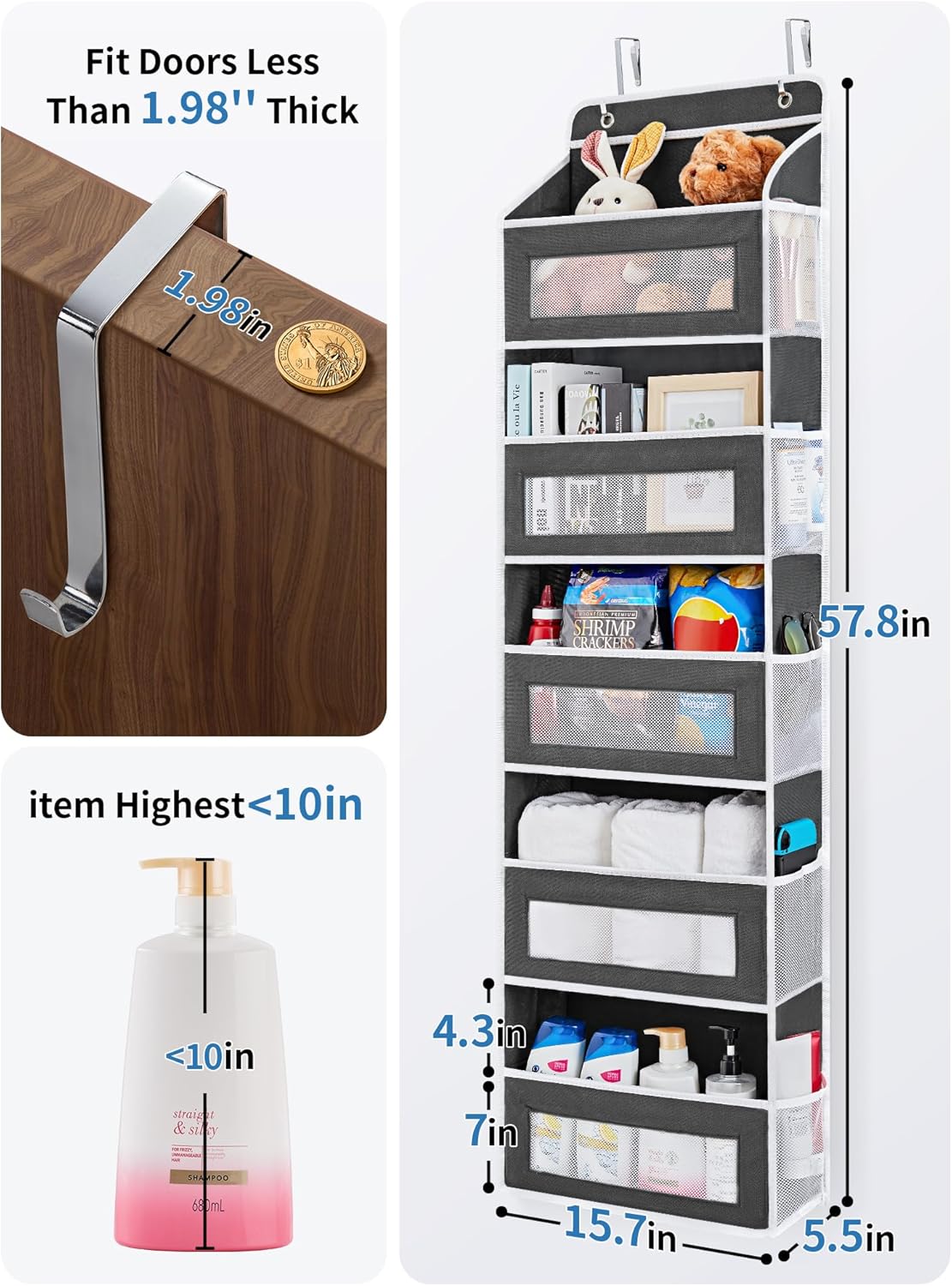 JARLINK Over the Door Organizer Storage, 5 shelf Hanging Organizer with 5 Large Capacity Pockets, Anti Tilt 44 lb Load Behind Door Storage for Bedroom, Bathroom, Pantry, Nursery, (Black)