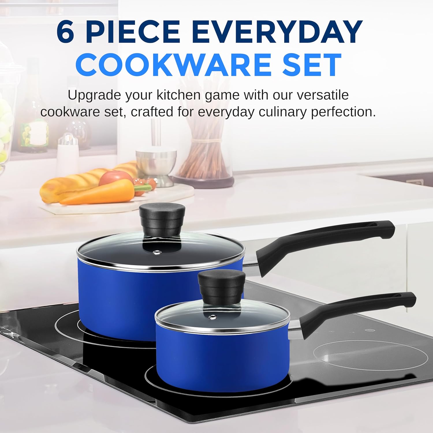 SereneLife Kitchenware Pots & Pans Basic Kitchen Cookware, Black Non-Stick Coating Inside, Heat Resistant Lacquer (6-Piece Set), One Size, Blue