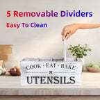 Utensil Holder,Extra Large Wooden Utensil Holder For Kitchen Counter,Cooking Spatula Organizer,Big Storage Caddy With 4 Compartments Flatware Spoon Tool Cutlery（Retro White）