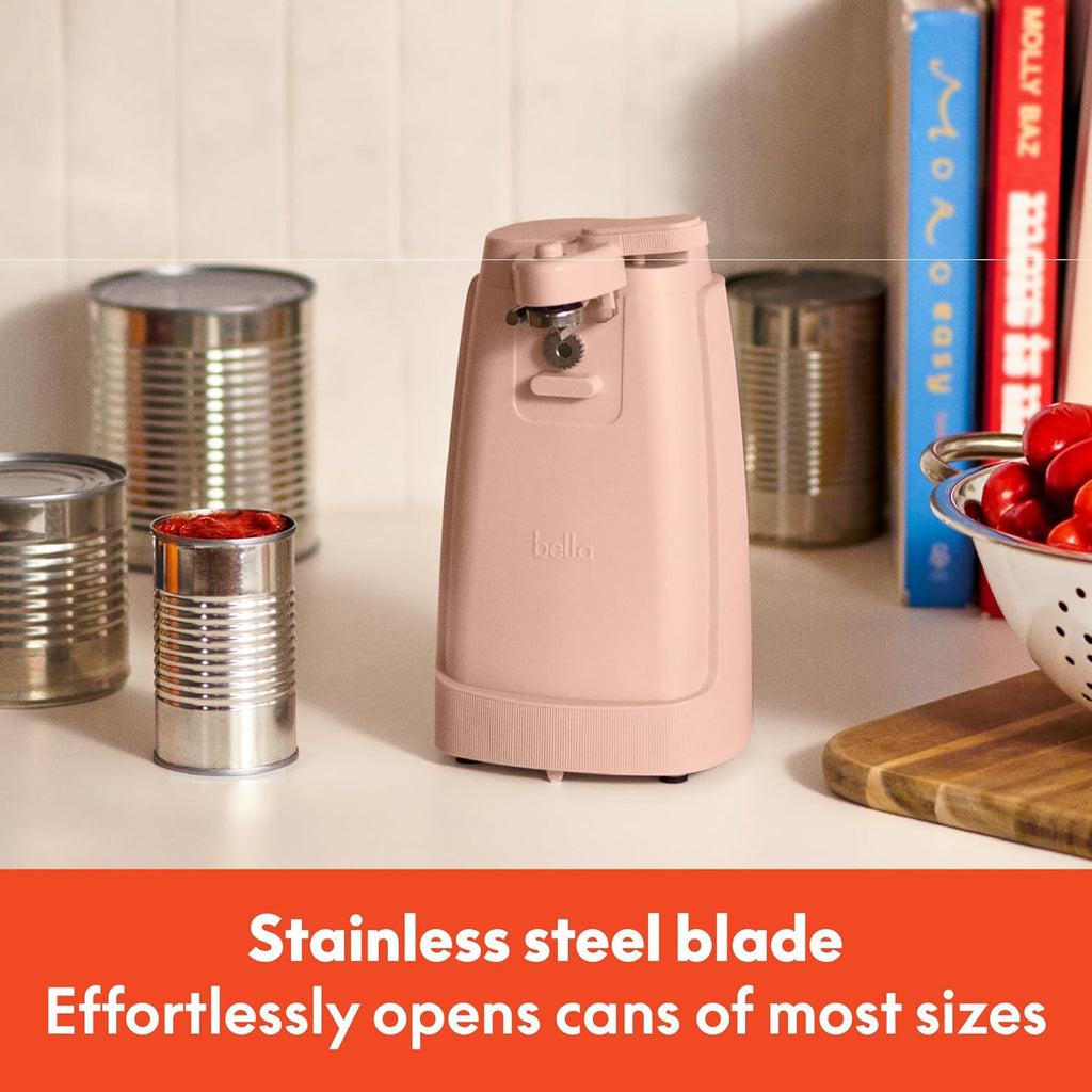 bella Electric Can Opener and Knife Sharpener, Multifunctional Jar and Bottle Opener with Removable Cutting Lever and Cord Storage, Stainless Steel Blade, Blossom
