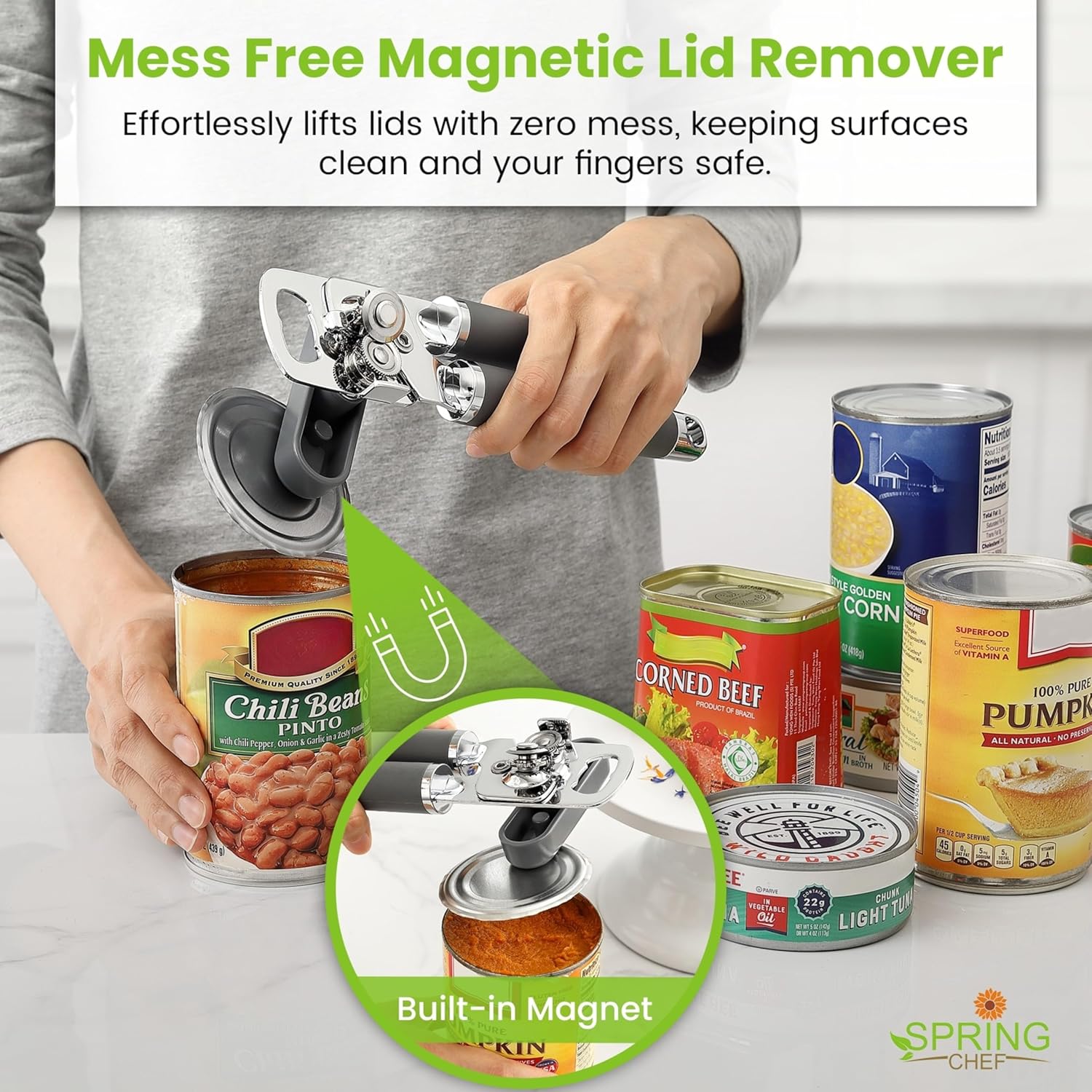 Spring Chef Stainless Steel Can Opener - Manual with Soft Grip Handles, Easy Turn, Heavy Duty Hand Can Openers for Seniors with Smooth Edge - Magnetic Lid Remover - Gray