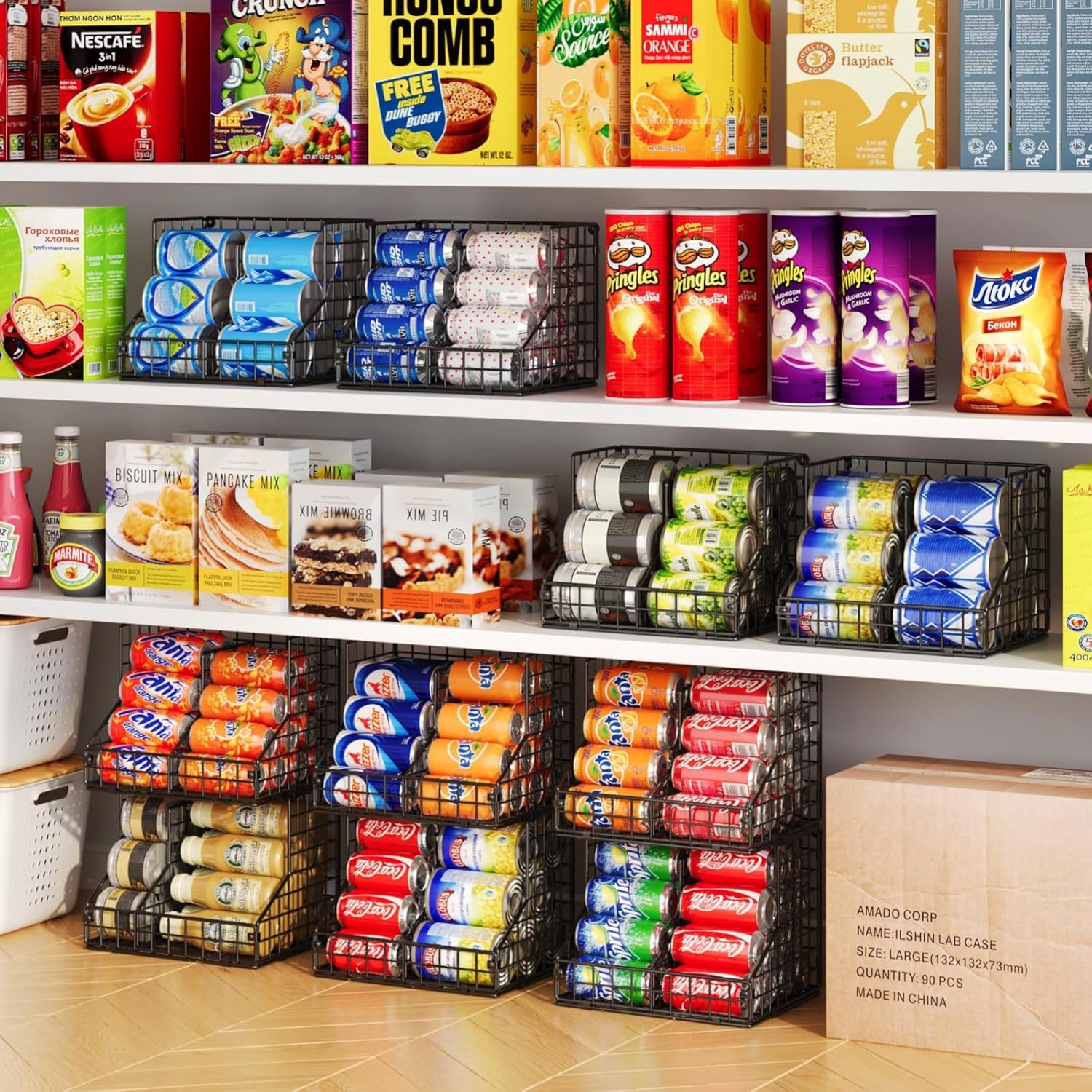 Stackable Can Organizer for Pantry with 2 Adjustable Dividers, Soda Can Organizer, Can Storage Dispenser Holds up to 28 Cans, 2 tier Metal Wire Baskets Can Holder for Kitchen Cabinet Pantry, Black