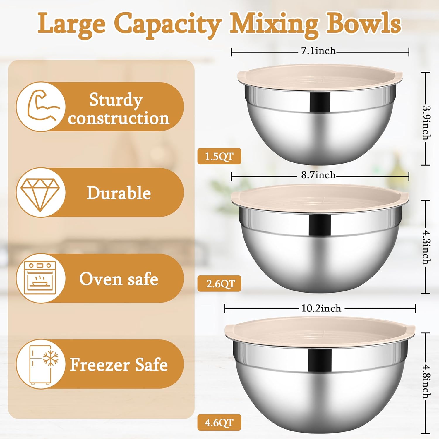 LIANYU Mixing Bowls with Airtight Lids Sets, 3 Packs Stainless Steel Metal Mixing Bowls, Ideal for Prepping, Cooking, Storage, Serving, Freezer & Dishwasher Safe, Khaki