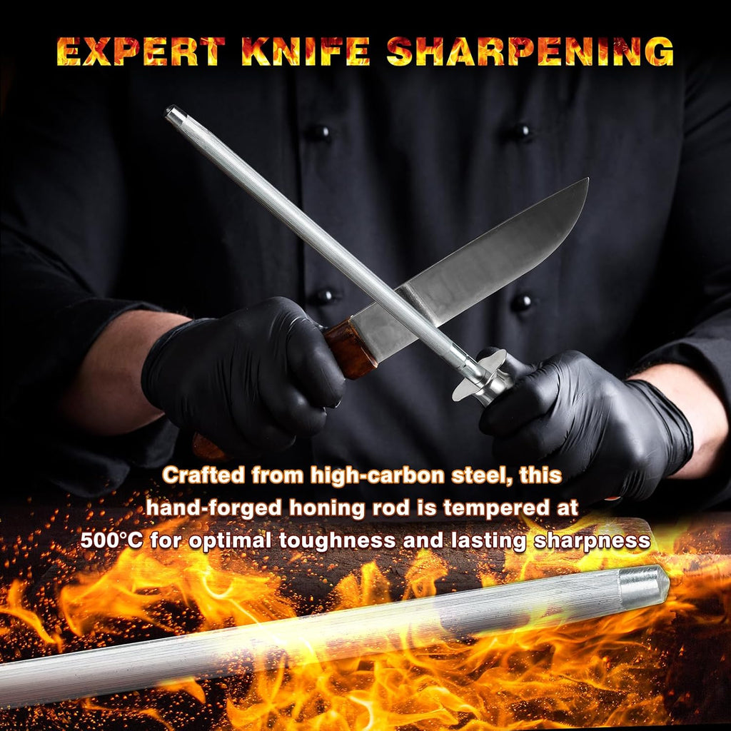 Knife Sharpener Rod, Kitchen Knives Sharpener Carbon Steel Professional Knife Sharpening Steel, Honing Rod with Hanging Holes (13 inches), S