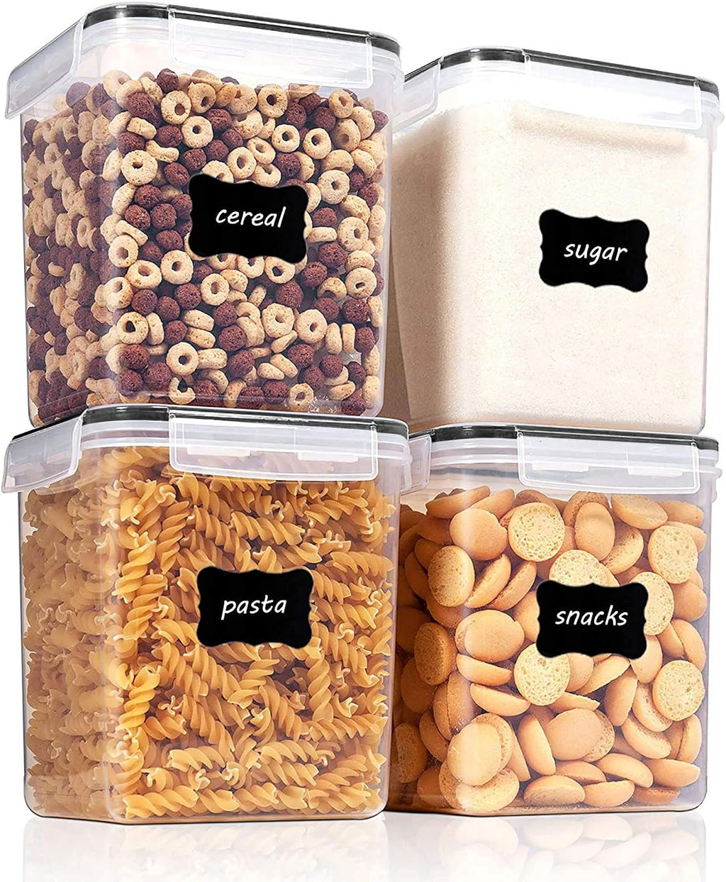 Vtopmart Food Storage Containers 2.5L / 84.5oz, 4 Pieces BPA Free Plastic Airtight Canister for Flour, Sugar, Baking Supplies, with 4 Measuring Cups and 24 Labels, Black