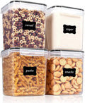 Vtopmart Food Storage Containers 2.5L / 84.5oz, 4 Pieces BPA Free Plastic Airtight Canister for Flour, Sugar, Baking Supplies, with 4 Measuring Cups and 24 Labels, Black