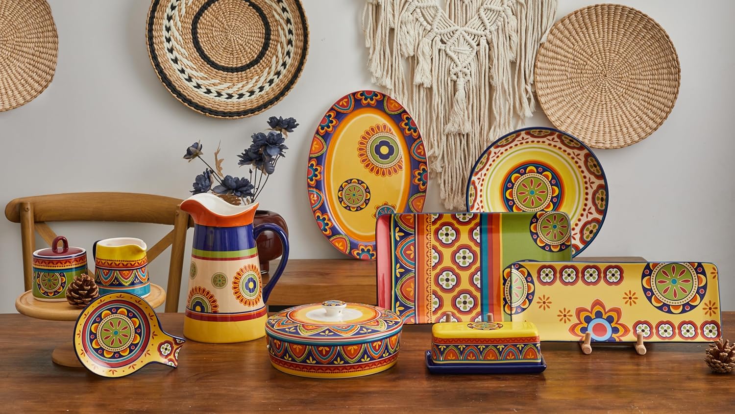 Bico Tunisian Ceramic Sugar and Creamer Set, Sugar Bowl with Lid, Cute Container for Coffee Bar, Kitchen Countertop Accessories, Microwave and Dishwasher Safe