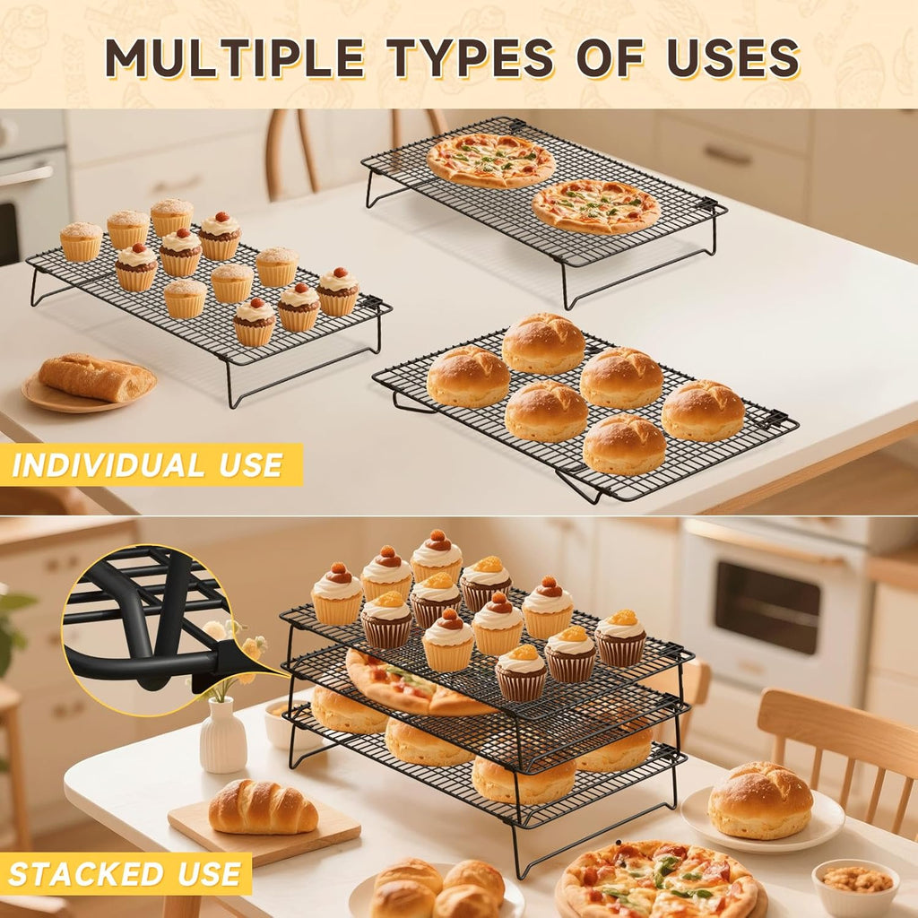 SHOUNAJIA Cooling Rack for Cooking and Baking, 3-Tier Stackable Wire Cooling Rack with Legs for Cooling Cookie, Pizza, Cake, Baking Paper 100 Pcs, 17" x 11", L