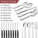 LIANYU 53-Piece Silverware Flatware Set for 8, Plus Steak Knives and Serving Utensils, Stainless Steel Flatware Cutlery Set, Eating Utensils Tableware with Scalloped Edge, Dishwasher Safe
