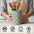Ceramic Kitchen Utensil Holder for Countertop, Large Mediterranean Utensil Crock ,Green