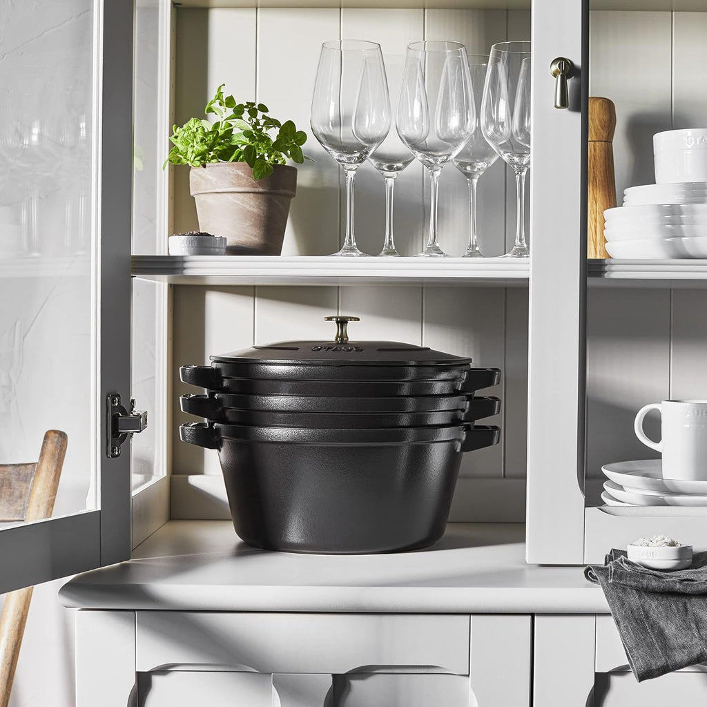 STAUB Cast Iron Set 4-pc, Stackable Space-Saving Cookware Set, Dutch Oven, Skillet, Grill Pan with Universal Lid, Made in France, Matte Black