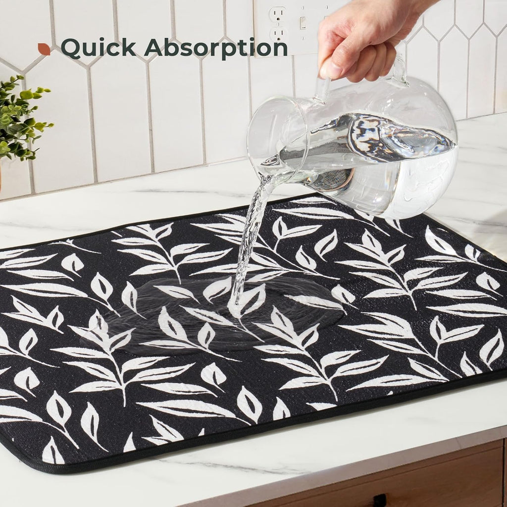 FRESHMINT Printed Dish Drying Mats for Kitchen Counter 2 Pack Absorbent Reversible Drying Mats Microfiber Kitchen Countertop Protector Dishes Drying Pad Extra Large 18"x24" Dish Mat