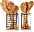 2 Pieces Utensil Holders, 5.1*5.1*5.8 and 3.7*3.7*5.8 inches Kitchen Utensil Holders, Metal Black Crocks with Wooden Base, Easy to Drain