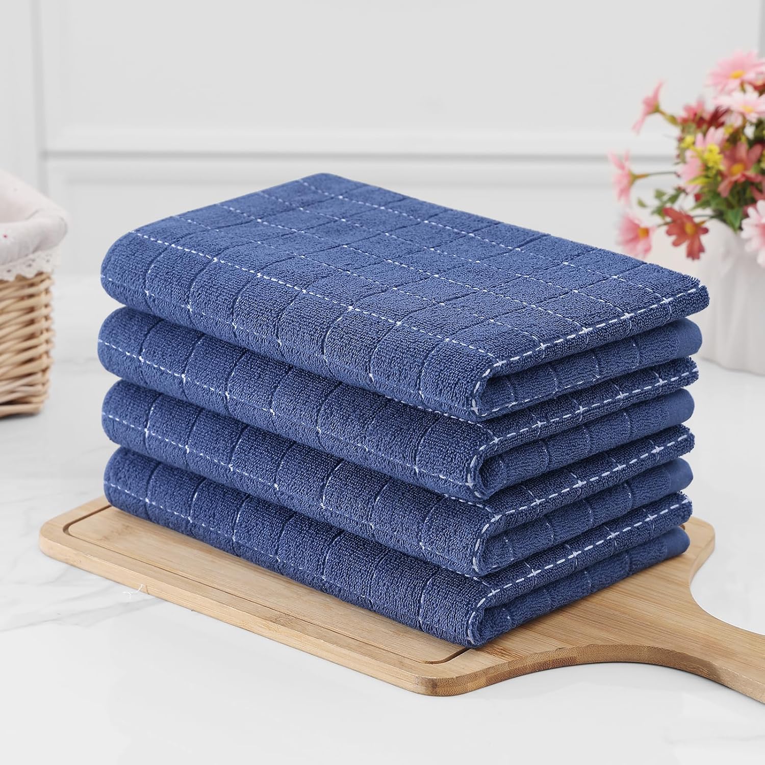 Homaxy 100% Cotton Terry Kitchen Towels(Navy Blue, 20 x 28 inches), Checkered Designed, Soft and Super Absorbent Dish Towels, Large 4 Pack