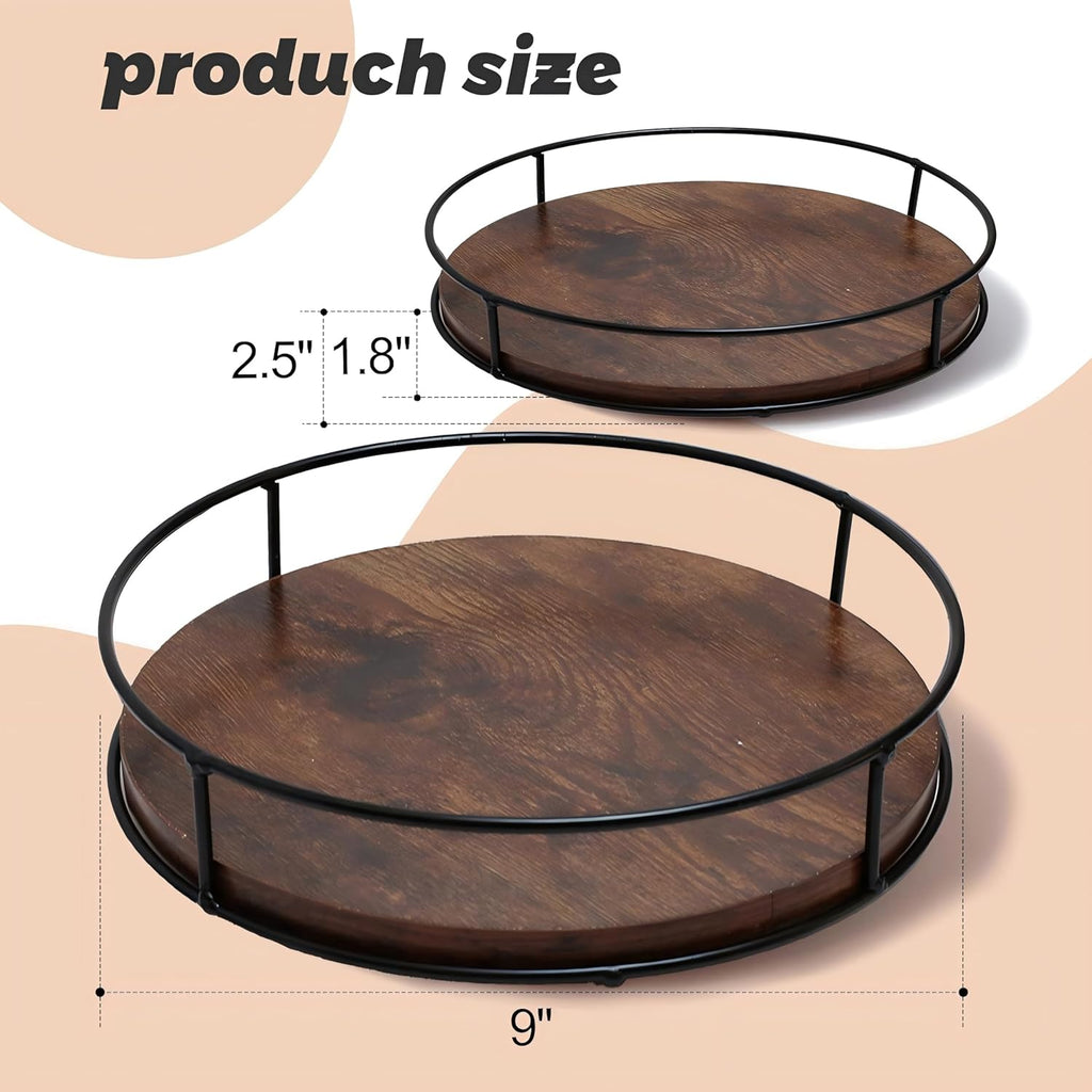 9 Inch Wood Lazy Susan Turntable for Table, Kitchen Rustic Brown Turntable Organizer with Steel Frame, 360 Degree Decorative Turntable for Countertop Cabinet or Centerpieces