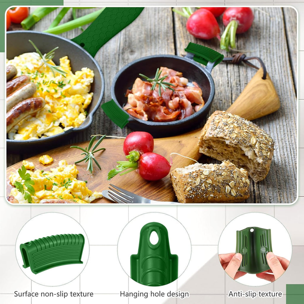 Patelai 8 Pcs Silicone Pot Holders Cast Iron Handle Cover Heat Resistant Pot Handle Covers Potholder Non Slip Reusable Pan Sleeve for Frying Pan Kitchen Supplies (Matcha Color)