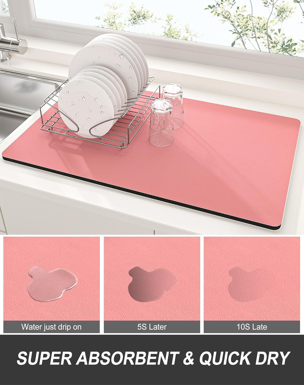 Rnivvi Dish Drying Mat for Kitchen Counter, 12 x 19" Super Absorbent Drainer Pad Easy Clean Dish Rack Pad, Non-Slip Heat Resistant Coffee Bar Mats for Coffee Machine Station Accessories, Rose Pink
