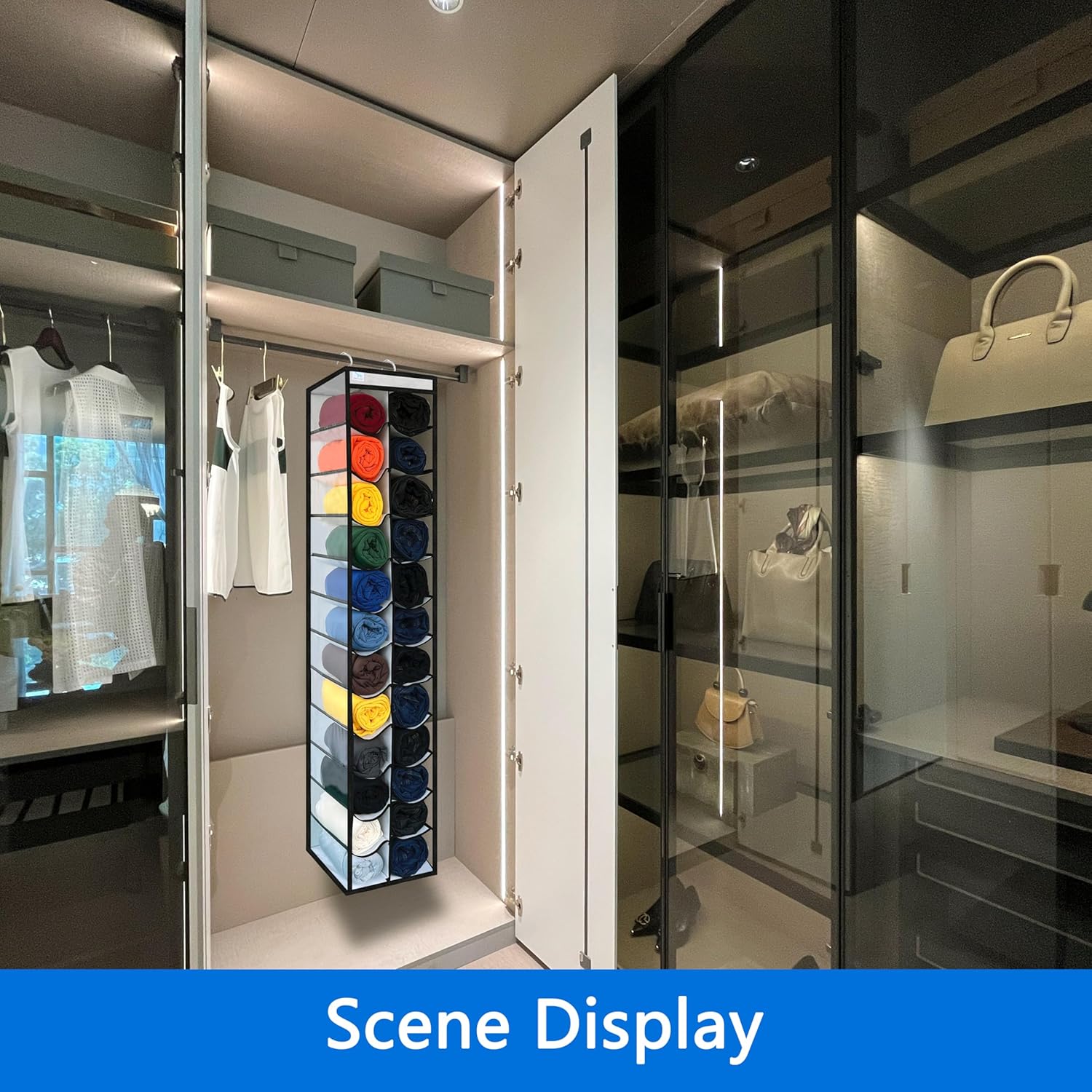 Closet Organization, 24 Section Hanging Closet Organizer, Space Saving, College Dorm Essentials, Heavy Duty Hooks Up to 45 Pounds, White/Black