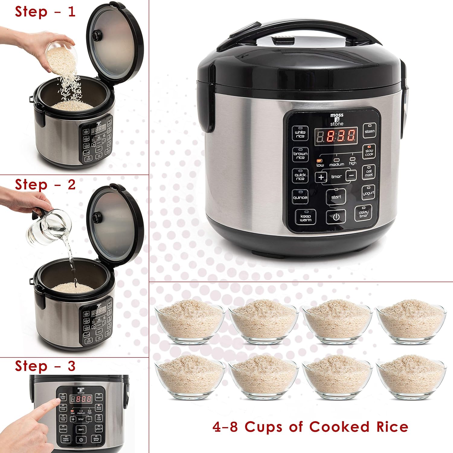 Moss & Stone - Small Digital Electric Rice Cooker, 4-8 Cups, 10 Preset Settings, Brown and White Rice Steamer, Slow Cooker with Steamer for Vegetables, Pot