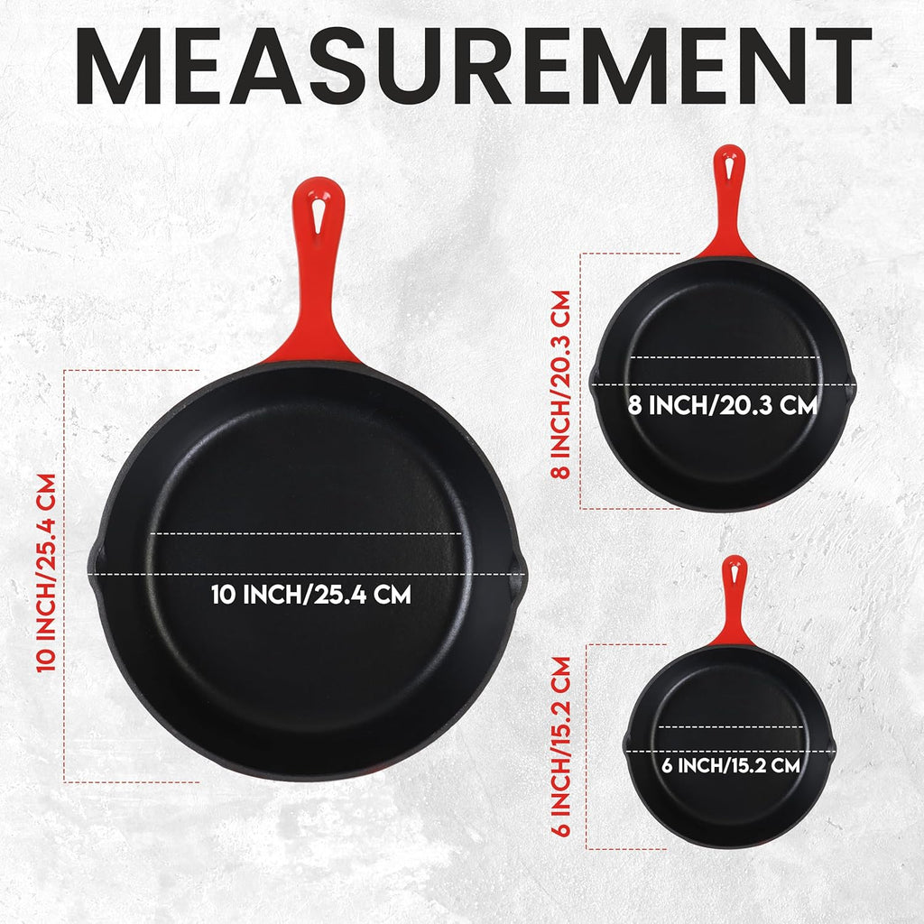 Utopia Kitchen Cast iron Skillets 3 Piece Set,Chefs Pan, Pre Seasoned Cast iron Skillets, 6, 8 & 10 Inches, Easy Use in the Oven, Stove, Grill, or Campfire, Red